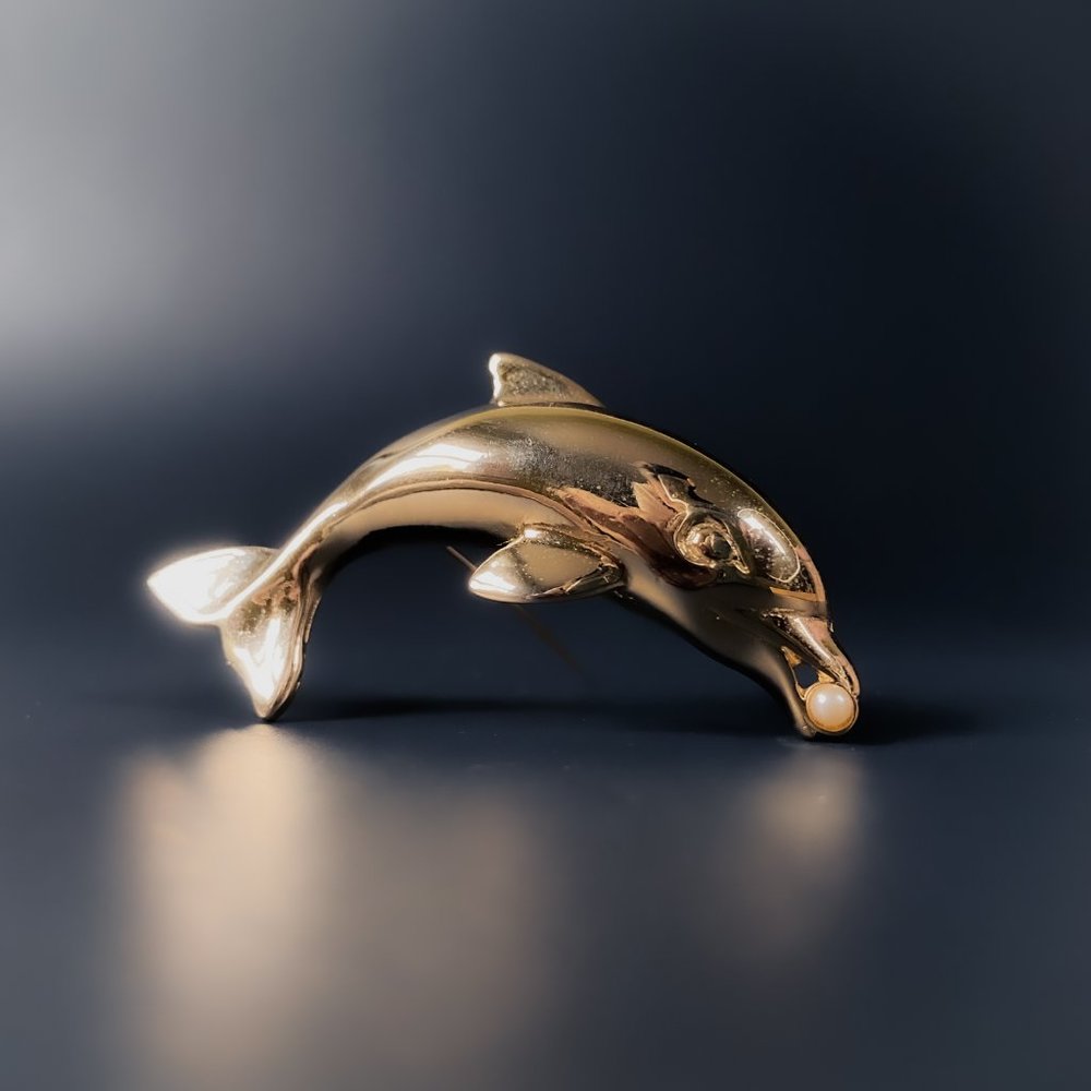 Vintage Dolphin Figural Sea Animal Gold Tone Faux Pearl Large 2.5" Brooch Pin